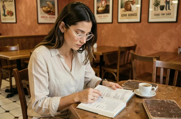 Jeune femme étudiant du vocabulaire espagnol en commençant par la lettre S dans un café européen