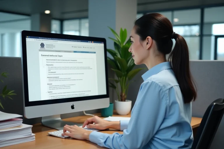 Femme fonctionnaire utilisant l'interface Mélanie 2 sur un ordinateur de bureau dans un environnement de travail administratif