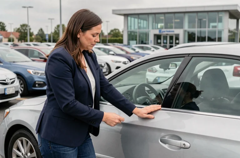Femme inspectant une voiture neuve chez un concessionnaire automobile en plein air