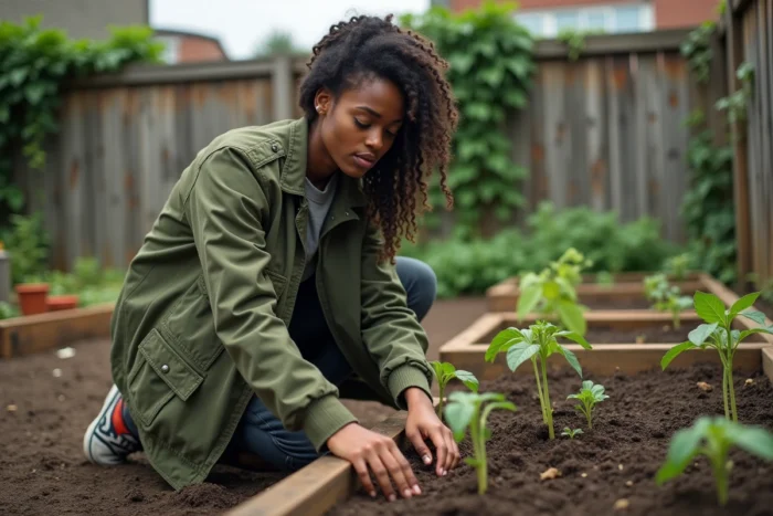 Jeune femme noire plantant des semis dans un jardin communautaire urbain, symbole d'engagement écologique et social