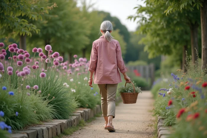 Femme se promenant dans un jardin de cottage fleuri en tenant un panier en osier rempli de fleurs coupées