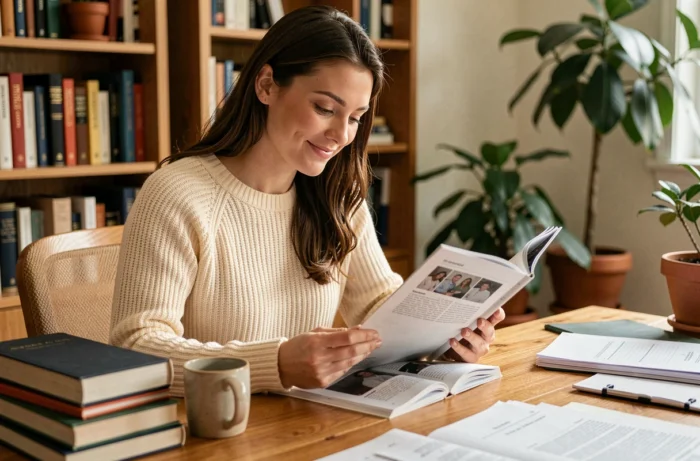 Jeune femme lisant un magazine dans un bureau chaleureux entouré de livres et de plantes, illustrant la découverte d'un contenu éditorial riche