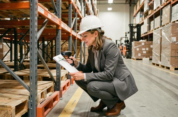 Femme logisticienne analysant un système de rayonnage industriel avec scanner de codes QR dans un centre de distribution