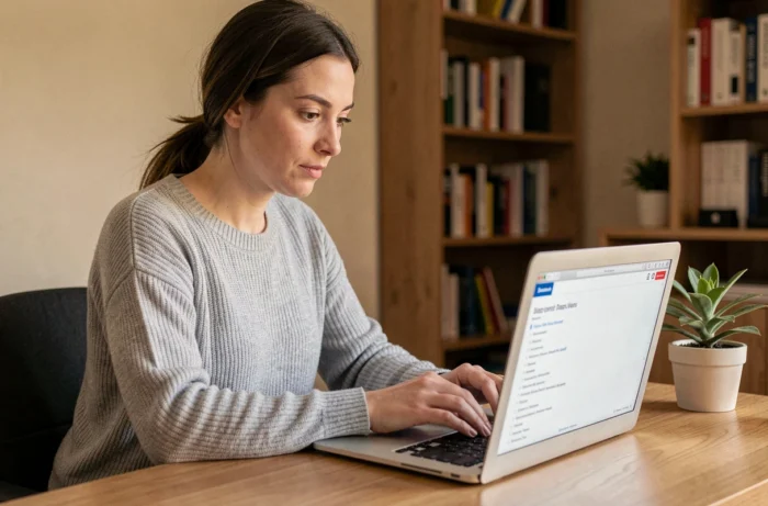 Femme naviguant sur un plan de site web sur son ordinateur portable dans un bureau à domicile organisé