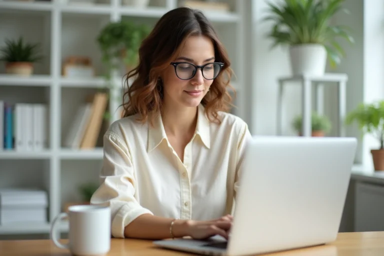 Femme naviguant sur le plan du site d'un blog depuis son ordinateur portable dans un bureau à domicile organisé