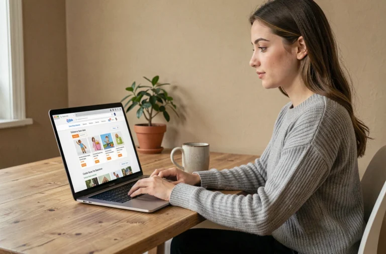 Jeune femme consultant le plan du site Moon Kidsstore sur un ordinateur portable dans un bureau à domicile