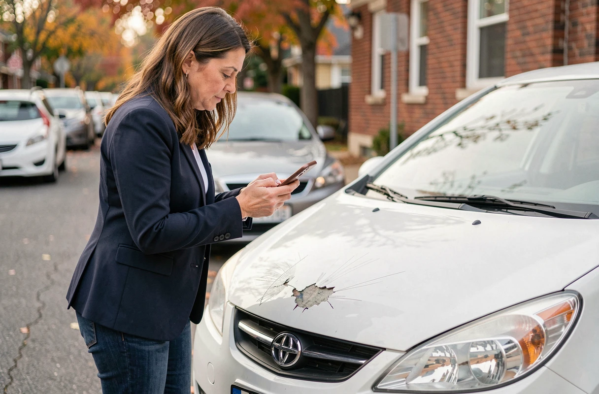 Femme photographiant des éraflures sur le pare-chocs de sa voiture avec son téléphone