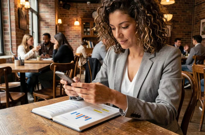 Femme consultant une application d'investissement et un carnet de planification financière dans un café urbain moderne