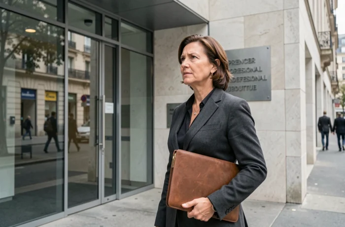 Femme professionnelle devant un bâtiment institutionnel français tenant un dossier, évoquant les démarches pour devenir expert-comptable