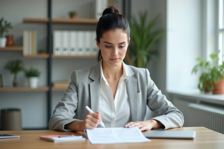 Femme professionnelle annotant un template de devis imprimé avec mentions légales dans un bureau moderne