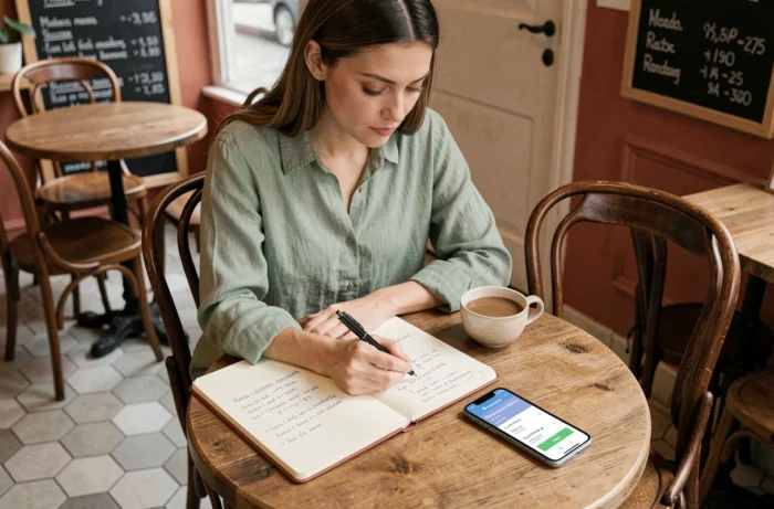 Jeune femme calculant son budget de financement immobilier dans un café parisien avec un simulateur de prêt