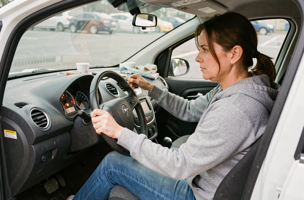 Femme au volant d'une Opel Corsa observant le voyant orange clé allumé sur le tableau de bord