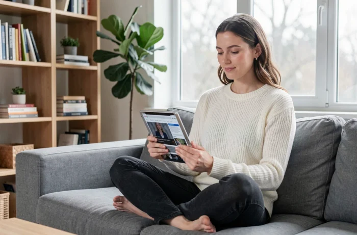 Jeune femme informée des dernières tendances en lisant les actualités sur une tablette dans un salon scandinave