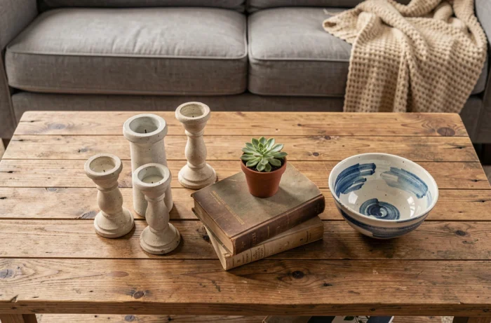 Flat lay d'accessoires de décoration tendance et abordables disposés sur une table basse en bois recyclé