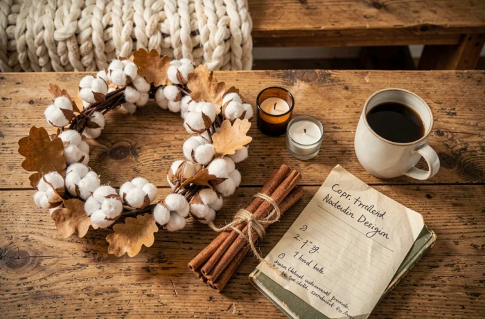 Vue du dessus d'une table avec éléments de décoration hygge faits main : couronne de fleurs séchées, bougeoirs en verre ambré, ficelle de jute et tasse de café en grès