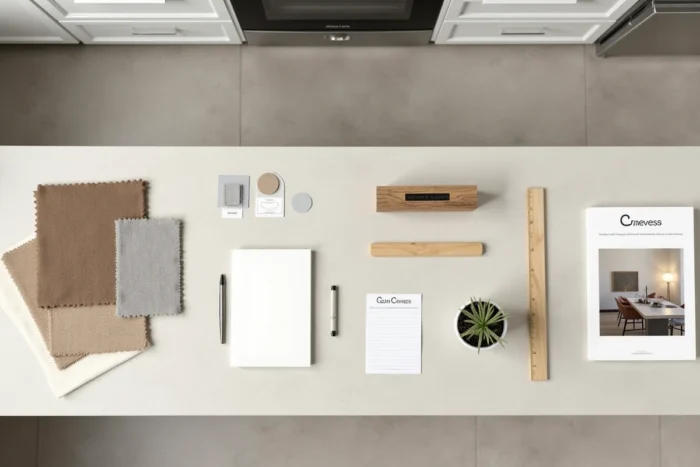 Flat-lay d'outils et matériaux de décoration intérieure C Nouveau posés sur un plan de travail en béton dans une cuisine moderne