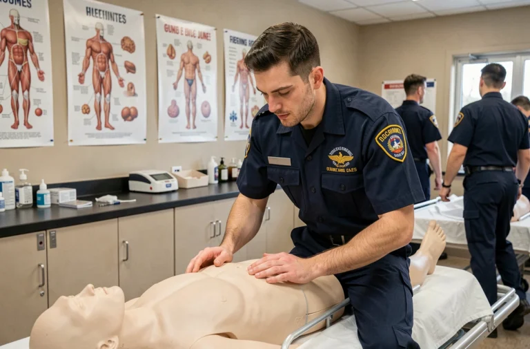 Stagiaire ambulancier en formation pratique sur mannequin médical dans une salle de cours équipée en Belgique