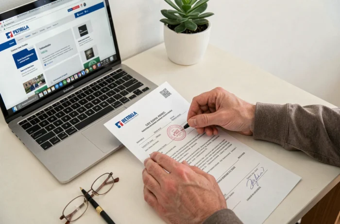 Mains déposant un formulaire administratif officiel sur un bureau avec ordinateur, symbolisant les démarches d'inscription à l'ordre des experts-comptables