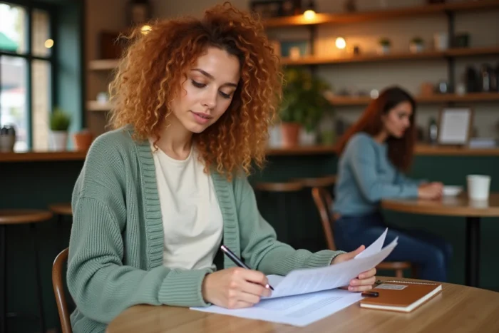 Freelance féminine relisant les mentions légales d'un template de devis imprimé dans un café
