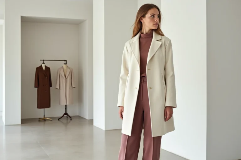 Femme élégante en manteau ivoire dans une galerie de mode minimaliste présentant une nouvelle collection saisonnière