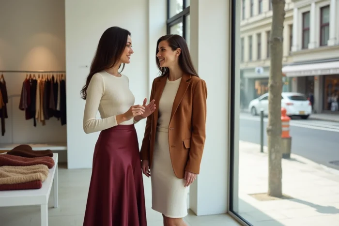 Deux femmes élégantes discutant des tendances d'une nouvelle collection dans une galerie de mode contemporaine avec vitrine urbaine
