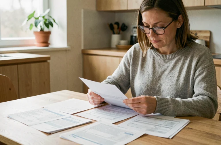 Femme consultant ses documents d'assurance et relevés bancaires à la table de cuisine
