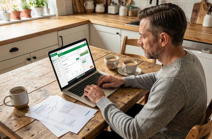 Un homme gérant ses finances personnelles en ligne depuis son domicile avec un ordinateur portable
