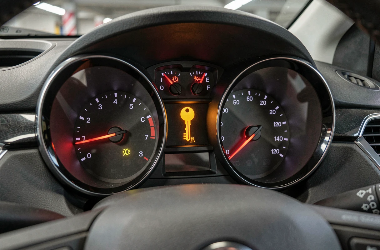 Gros plan du voyant orange en forme de clé allumé sur le tableau de bord d'une Opel Corsa