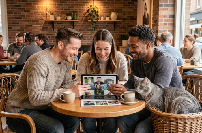 Groupe d'amis passionnés de chats partageant du contenu sur une plateforme communautaire féline autour d'une tablette dans un café convivial