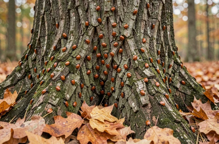 Groupe de coccinelles asiatiques regroupées sur l'écorce d'un vieux chêne en automne, phénomène naturel saisonnier