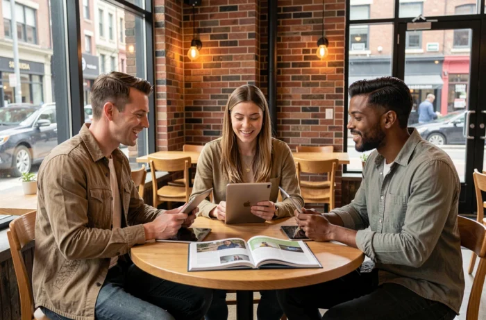 Groupe de personnes discutant autour de magazines et tablettes dans un café urbain, symbolisant le partage de contenu éditorial et culturel