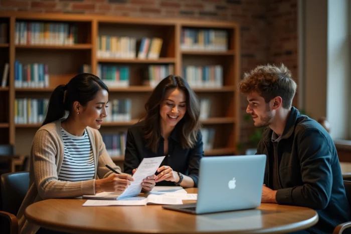 Groupe d'étudiants adultes en alternance comparant des guides de certification RNCP niveau 6 dans une bibliothèque universitaire