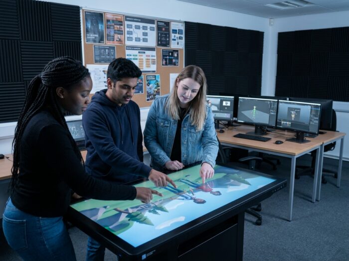 Groupe d'étudiants en formation animation 3D sans Parcoursup collaborant autour d'un écran dans un studio professionnel