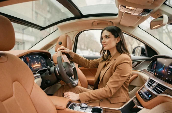 Femme assise dans l'habitacle d'un véhicule de luxe avec tableau de bord numérique incurvé et toit panoramique