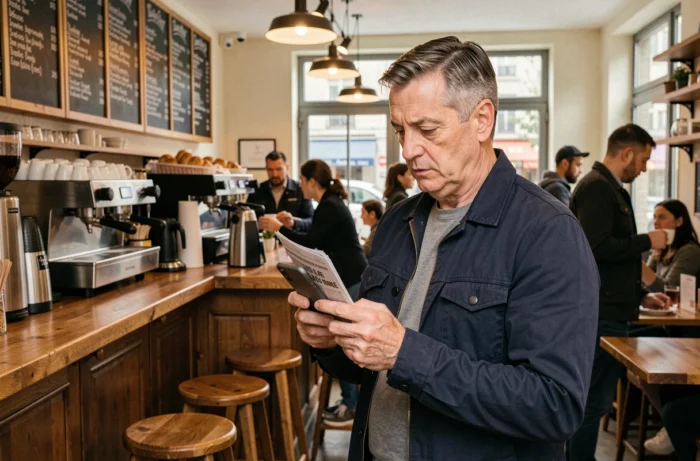 Homme lisant les tendances et actualités sur son smartphone dans un café parisien animé