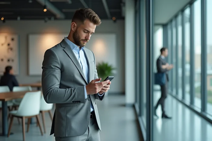 Homme d'affaires consultant l'application mobile de financement BPCE dans un immeuble professionnel moderne
