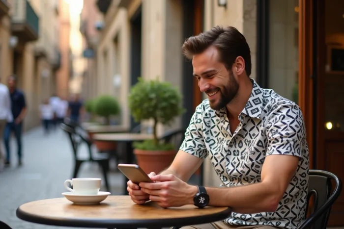 Homme en chemise personnalisée à motif géométrique assis en terrasse de café dans une rue pavée européenne