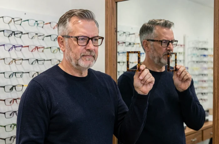 Homme comparant deux montures de lunettes rectangulaires devant un miroir dans un magasin d'optique