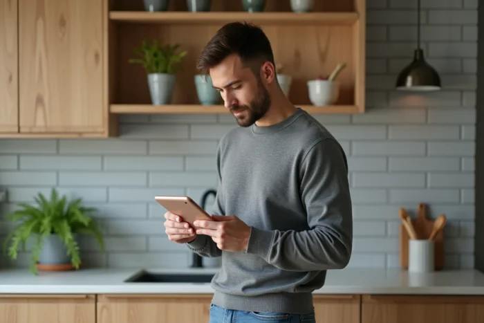 Homme consultant le plan du site d'un blog mode sur une tablette dans une cuisine moderne