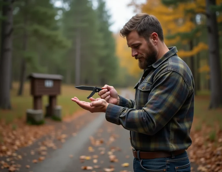 Homme tenant un couteau de poche fermé dans la main en forêt québécoise à l'automne