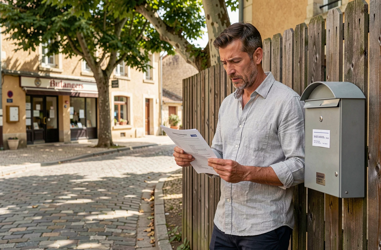 Homme consultant un document officiel concernant les règles d'inscription de noms sur une boîte aux lettres