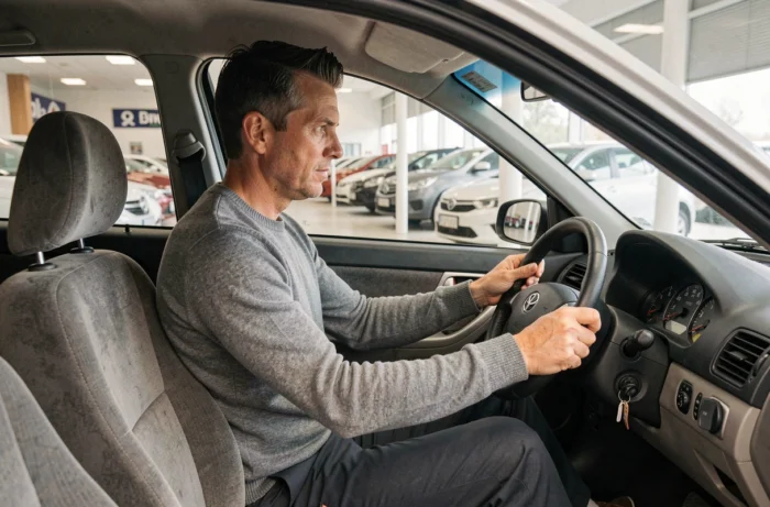 Homme assis au volant d'une voiture d'occasion en concession pour évaluer le confort de conduite