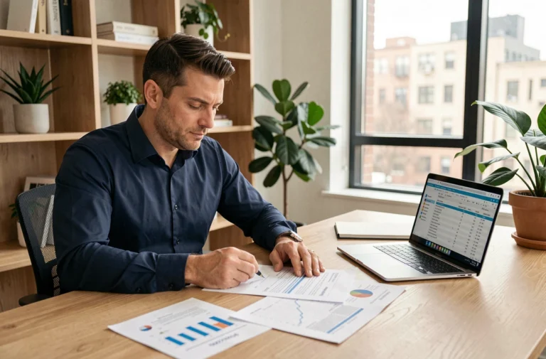 Homme concentré analysant des documents financiers et des graphiques sur un bureau en bois dans un bureau à domicile moderne