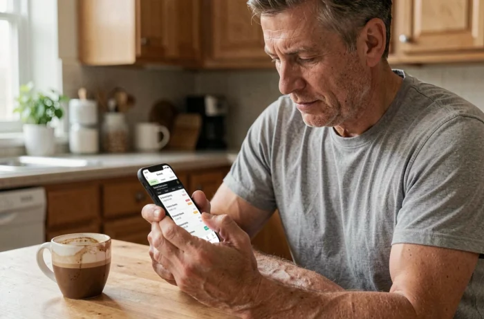 Homme consultant les horaires de la course de Formule 1 sur son smartphone depuis sa cuisine