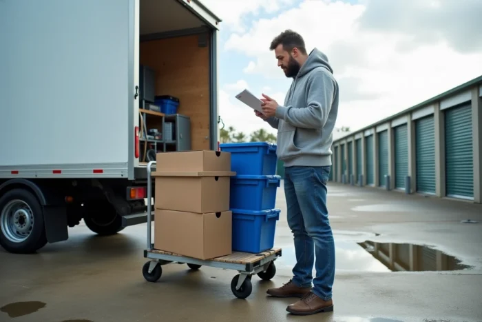 Homme consultant une liste de contrôle à côté d'un camion 10 m3 en location avec des meubles et des bacs de stockage prêts à être chargés