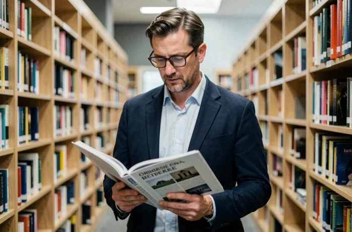 Homme en veste marine feuilletant un magazine dans une bibliothèque contemporaine, évoquant l'exploration de rubriques et thématiques culturelles