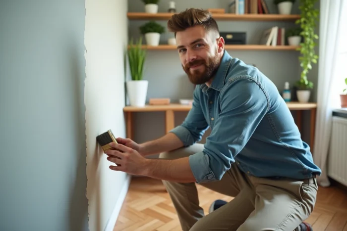 Homme appliquant une peinture décorative sur un mur accent dans un bureau à domicile rénové grâce aux produits C Nouveau