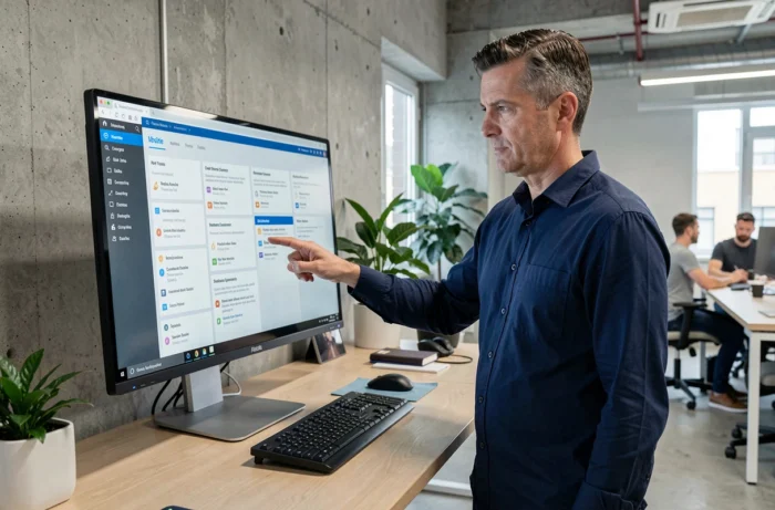 Homme pointant un plan de navigation de site web sur un grand écran tactile dans un bureau moderne en open space