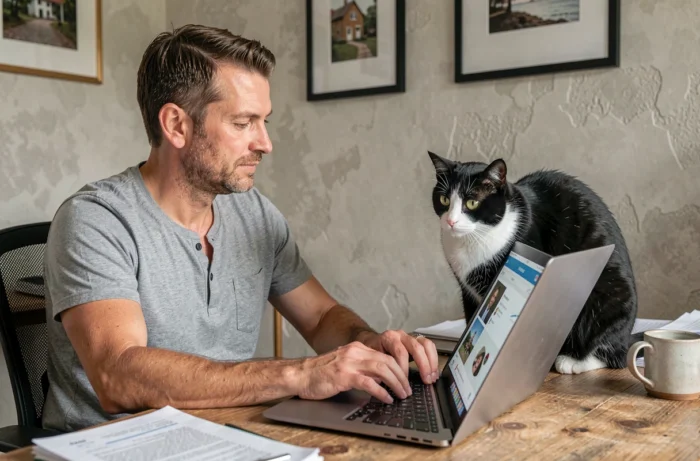 Homme passionné de chats consultant une plateforme communautaire féline sur son ordinateur portable avec un chat tuxedo assis sur le bureau