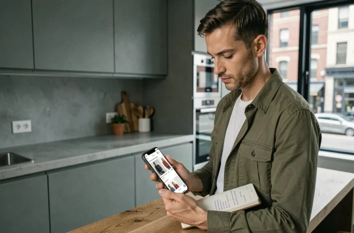 Homme consultant une liste de shopping malin sur son smartphone dans une cuisine moderne et tendance